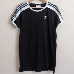 Adidas T-Shirt Dress Women S Black Embroidered Floral 3-Stripe Sporty Athletic